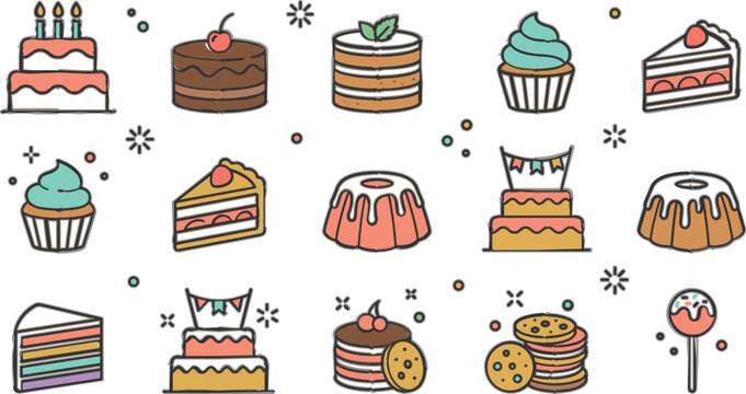  Modern flat geometric bakery vector illustration set with minimalist cake cupcake and abstract dessert shapes