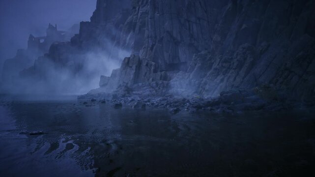 Misty coastal silhouettes receding into distance, soft haze, layered cliffs, reflective foreground, cinematic blue toning, tranquil yet uncanny mood.