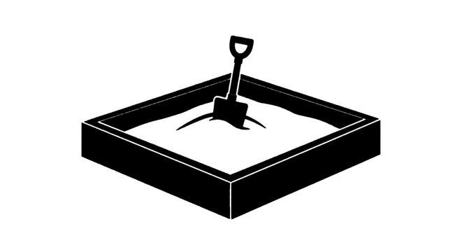 Minimal black silhouette icon, simple flat vector, bold black shape, no gradients, no shading sandbox with shovel icon on a, flat icon style