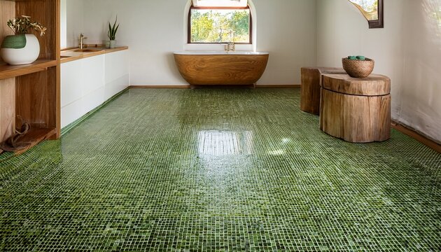 presents an interior scene characterized by its green tile work and wooden furniture the floor and a large curved pedestal are covered in small square olive green tiles with contrasting light grou