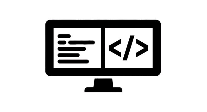 Minimal black silhouette icon, simple flat vector, bold black shape, no gradients, no shading computer monitor icon with code symbol and programming lines on a, flat icon style