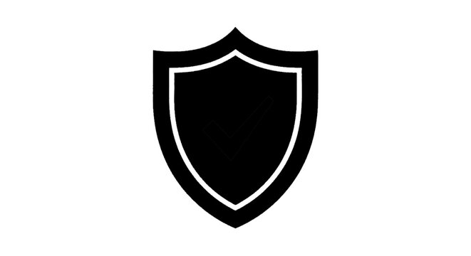 Minimal black silhouette icon, simple flat vector, bold black shape, no gradients, no shading security shield icon with checkmark on a, flat icon style
