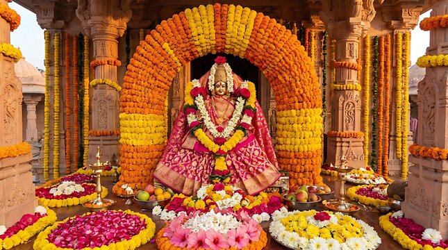 Ornate hindu temple deity statue with marigold flowers