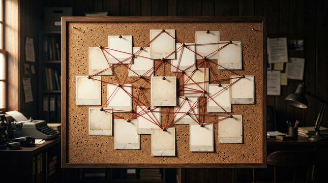 Detective's corkboard with blank polaroids and red string connections.