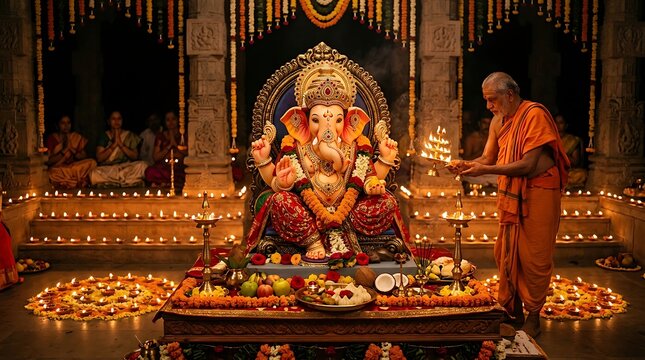 Hindu god ganesha idol with devotees performing aarti