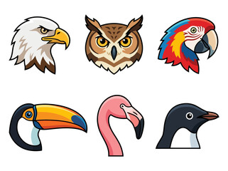 Fototapeta premium Set of six colorful bird head illustrations featuring eagle owl parrot toucan flamingo and penguin.