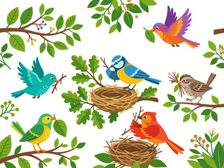 Obraz premium A collection of colorful birds building nests on tree branches.