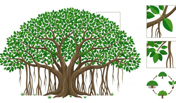Ancient banyan tree vector illustration with aerial roots and lush canopy
