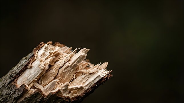 Broken tree branch with splintered texture isolated on dark background