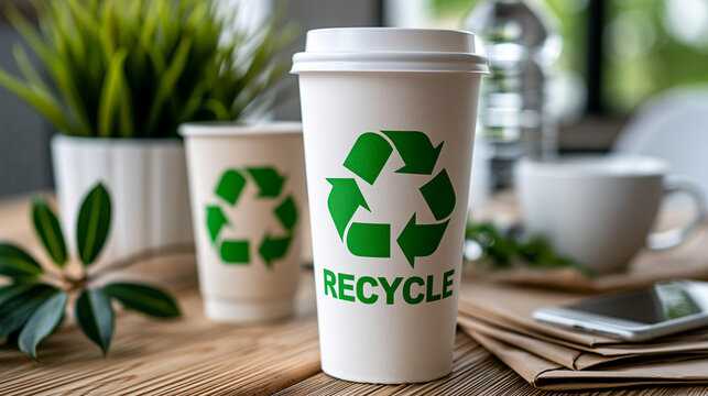 Recyclable coffee cups on wooden table with plants and tableware  