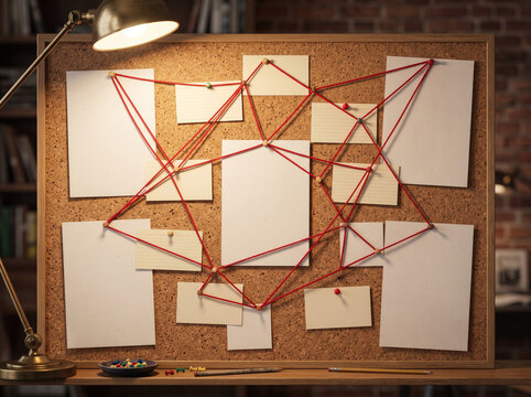 Detective investigation cork board with red string map