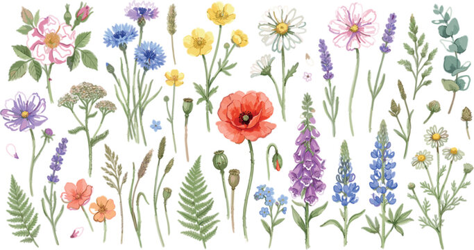 Retro pop art floral vector sticker set with funny cartoon wildflowers and bold poppy badges