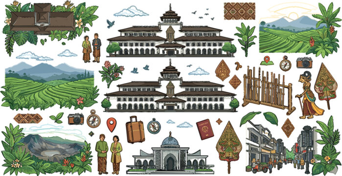  Playful monoline vector doodle set with colorful Indonesia travel icons and West Java cultural symbols