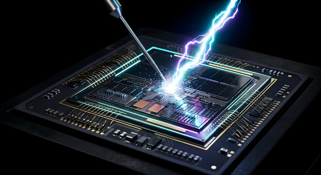 Dramatic Electrostatic Discharge Arc Striking an Advanced AI Microchip