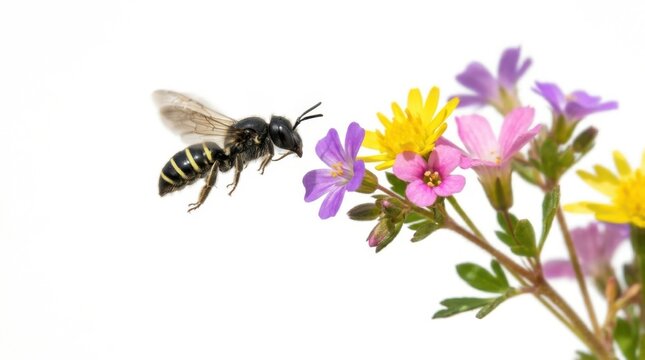 Black and yellow bee flying near colorful flowers