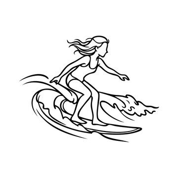 Vacaciones en la playa. Logotipo club de surf. Dibujo minimalista con l&iacute;neas de una chica con cabello largo y con ba&ntilde;ador surfeando en una tabla de surf con olas