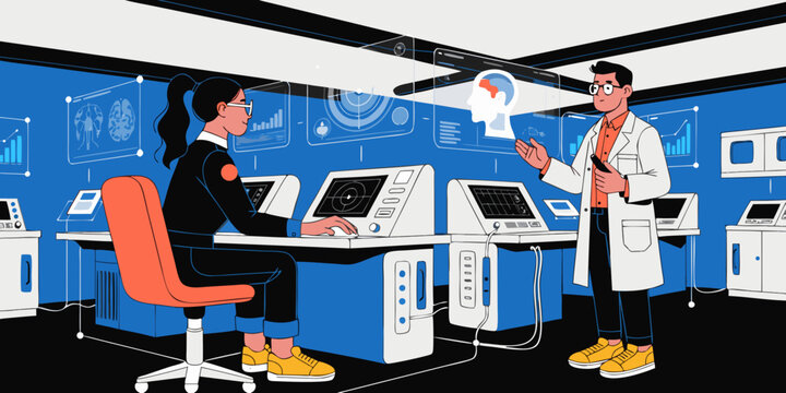 Scientist explaining brain scan results to a colleague in a modern laboratory setting with advanced medical equipment scientist colleague laboratory equipment technology research medicine