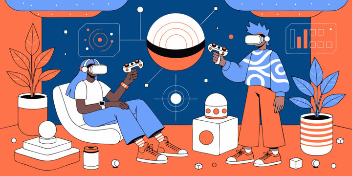 Two people playing virtual reality game with futuristic technology and robot science fiction video game video games vr game vr gaming vr headset vr technology vr world gaming room technology