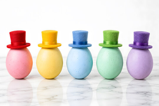 Five colorful easter eggs wearing tiny felt top hats