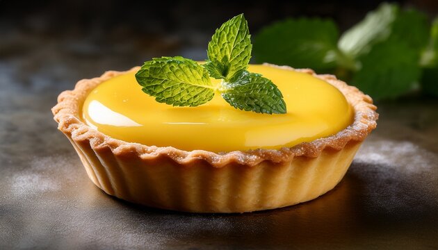 a delightful lemon curd tartlet adorned with fresh mint rests on a textured surface its vibrant yellow filling contrasts beautifully with the golden brown crust