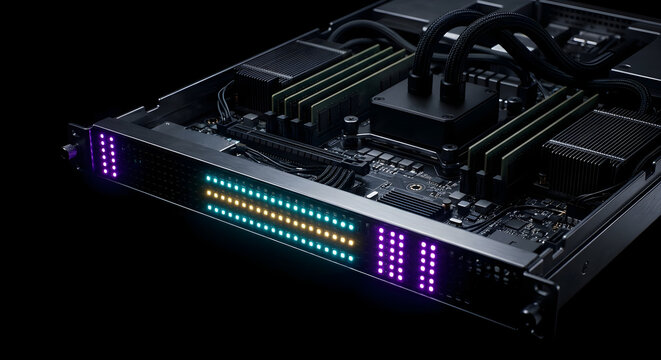 High-Performance Computing Server Node with Futuristic Neon LED Indicators on Dark Background