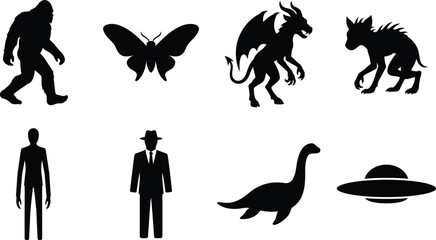 Collection of cryptid and paranormal silhouettes featuring Bigfoot, UFO, Loch Ness Monster, and mythical creatures © MdBabul