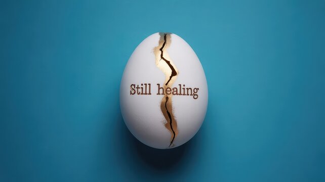 A single white egg featuring a golden crack and the text still healing written in a minimalist and clean style