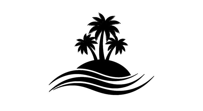 Minimal black silhouette icon, simple flat vector, bold black shape, no, no shading tropical island with palm trees and ocean waves silhouette icon on a, flat icon style