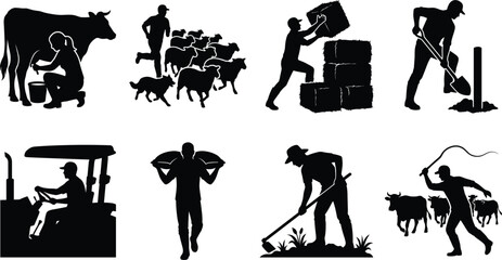 Silhouette collection of farmers doing agricultural work, herding livestock, and cultivating crops for farming design © MdBabul