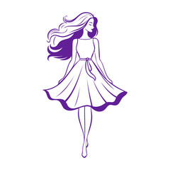 Logo de boutique de moda femenina. Dibujo sencillo con líneas de una mujer andando de frente, con un vestido fluido y el pelo con ondas © teracreonte