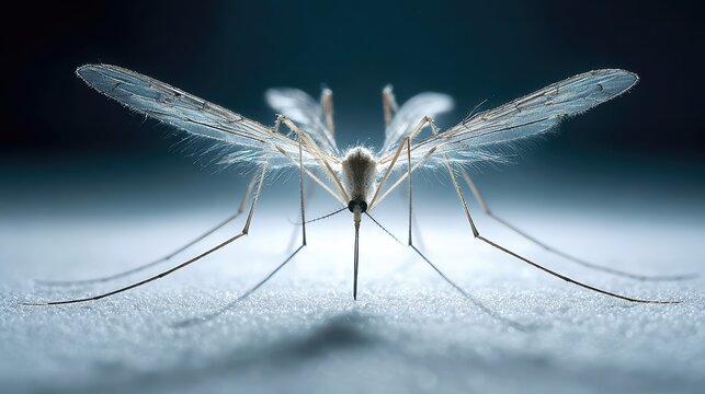 A detailed macro shot of a mosquito highlights its delicate wings and elongated legs. The image emphasizes the mosquito's role as a tiny but impactful insect vector.