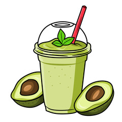 Vector illustration of a healthy green avocado smoothie served in a clear plastic takeaway cup with a dome lid and a red straw © Fadil