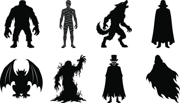 Halloween classic horror monster silhouette set with werewolf, vampire, mummy, and ghost for spooky designs.
