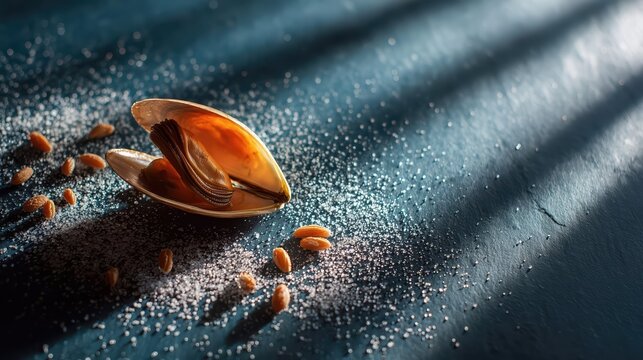 A single clam shell rests open on a textured surface scattered with salt and seeds. Dramatic light highlights the seafood's rich color and natural details.