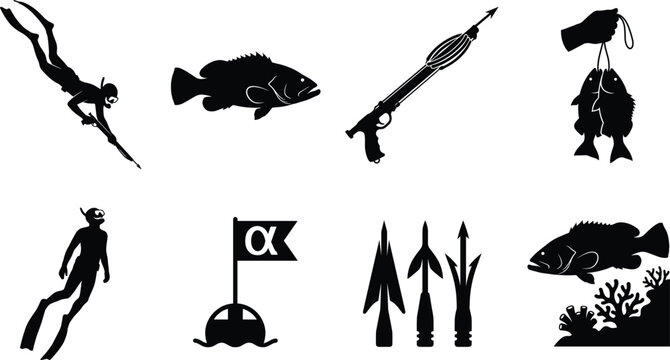 Spearfishing and freediving silhouette icon set featuring underwater hunter, speargun, fish catch, and diving equipment.