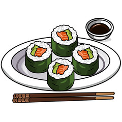 Vector illustration of traditional Japanese salmon and avocado maki sushi rolls wrapped in dark green nori seaweed, served on a white oval plate © Fadil