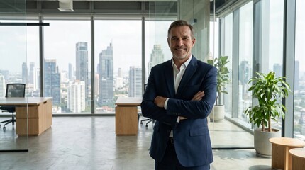 Obraz na płótnie Canvas Confident professional businessman in navy suit standing with arms crossed in modern high-rise office with city skyline view