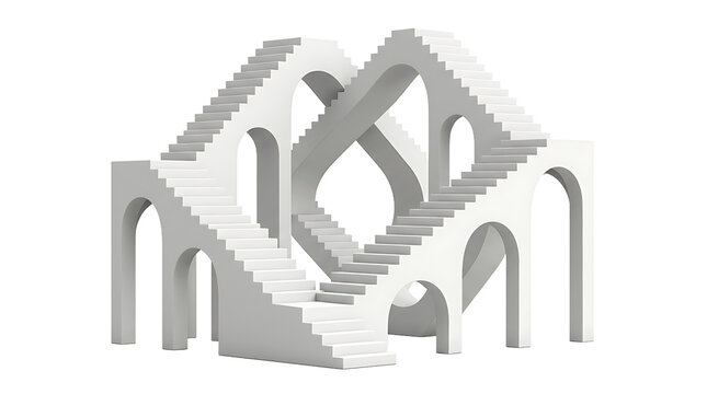 A complex 3d architectural structure featuring white interlocking staircases and arched doorways creating a surreal impossible geometry shape
