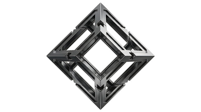 A metallic geometric cube structure with interlocking frames, creating an impossible optical illusion isolated on a white background, 3d render