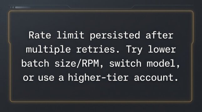 Error message on computer screen showing rate limit issue with retry options isolated on white background