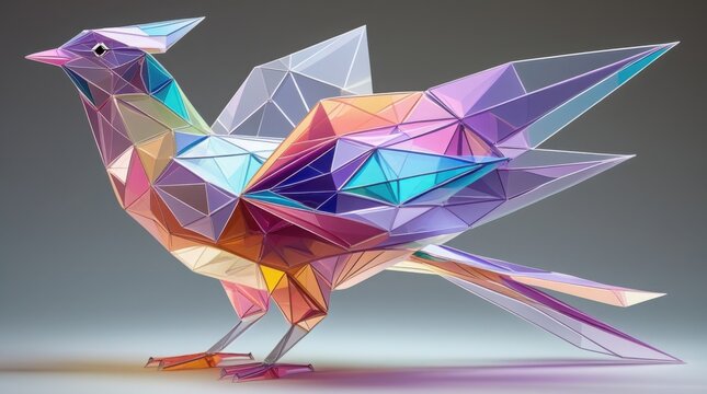 Vibrant polygonal bird with colorful geometric shapes on gray background