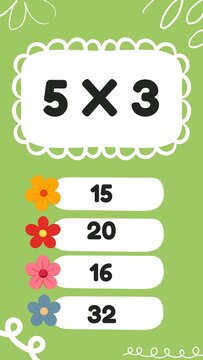 Educational multiplication worksheet featuring a multiple-choice math quiz for children. Designed to help students practice multiplication skills, mental math, problem-solving, and basic arithmetic in