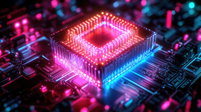The image features a close up view of a computer motherboard with a central processing unit (CPU) illuminated by vibrant, colorful LED lights