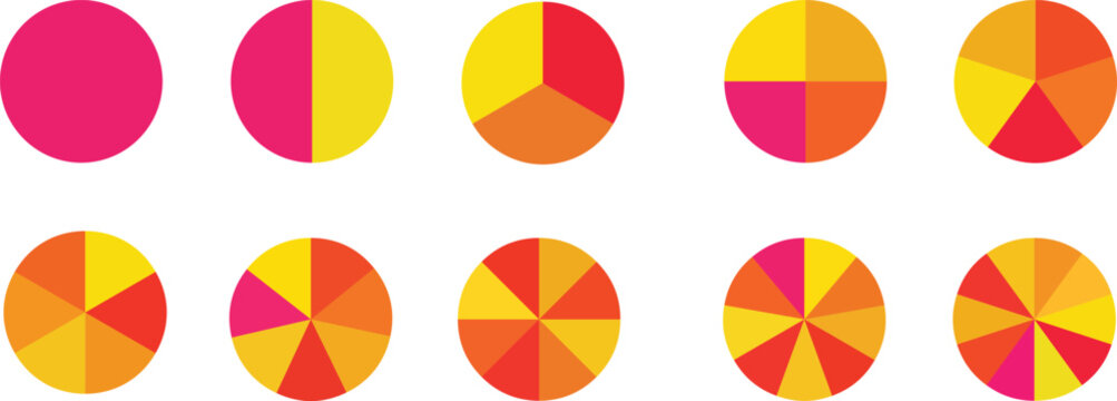 Pie chart set. Colorful diagram collection with sections or steps, segment of circle element icons collection for 1 2 3 4 5 6 7 8 9 10. Vector illustration.