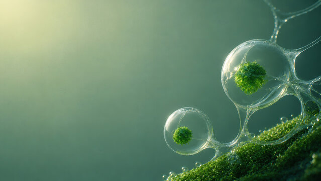 Microscopic view of plant cells with green chlororplasts under microscope biology scientific concept