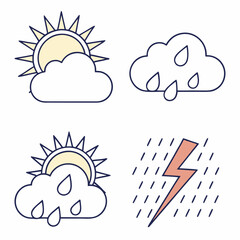 Fototapeta premium Weather Icon Set with Sun Rain Rainbow and Thunderstorm Flat Line Vector Illustration