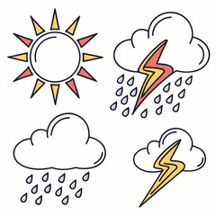 Fototapeta premium Weather Icon Set with Sun Rain Rainbow and Thunderstorm Flat Line Vector Illustration