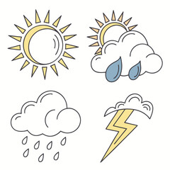 Fototapeta premium Weather Icon Set with Sun Rain Rainbow and Thunderstorm Flat Line Vector Illustration