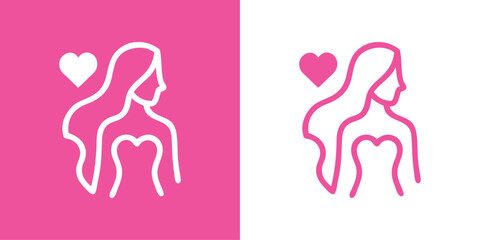Logotipo con dibujo minimalista con líneas de una mujer de pie de frente con un corazón, en rosa y blanco, para su uso en estética, cuidado personal, belleza o bienestar emocional. © teracreonte