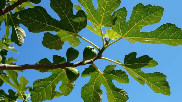 Low angle shot of a fig tree branch with green leaves and immature fruit against a bright blue sky